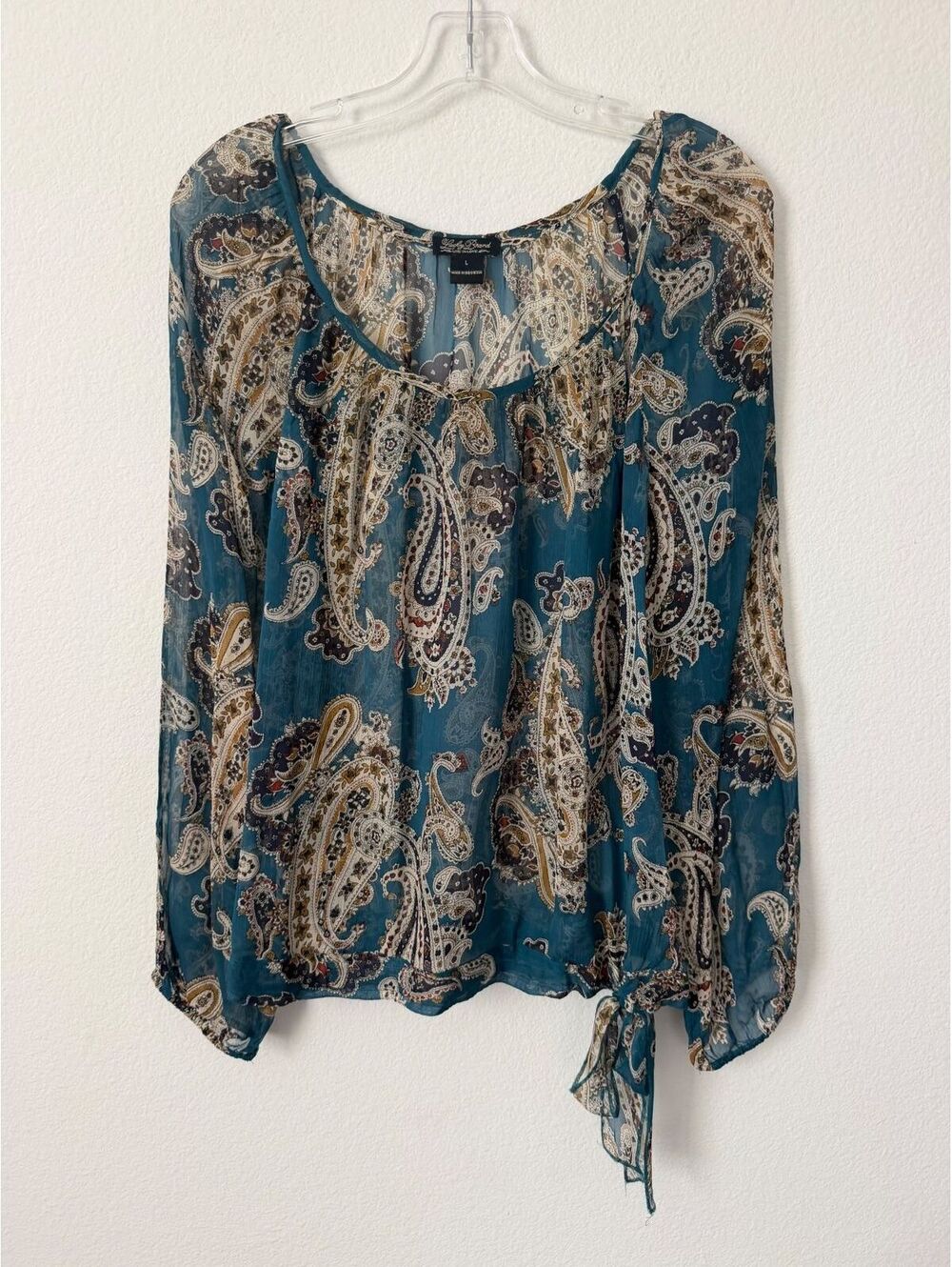 Lucky Brand Long Sleeve Scoop Neck Paisley Boho Sheer Blouse Tie Side Size L